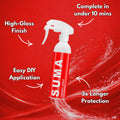 SUMA ceramic spray bottle with features highlighted on a red background
