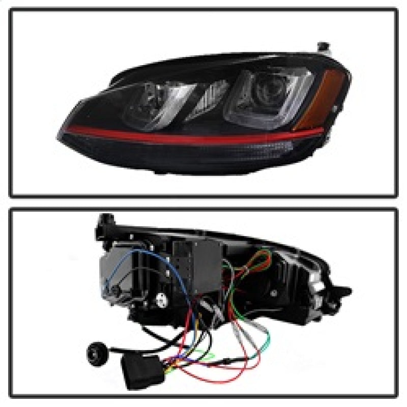 Spyder Volkswagen Golf VII 14-16 Projector Headlights DRL LED Red Stripe Blk PRO-YD-VG15-RED-DRL-BK